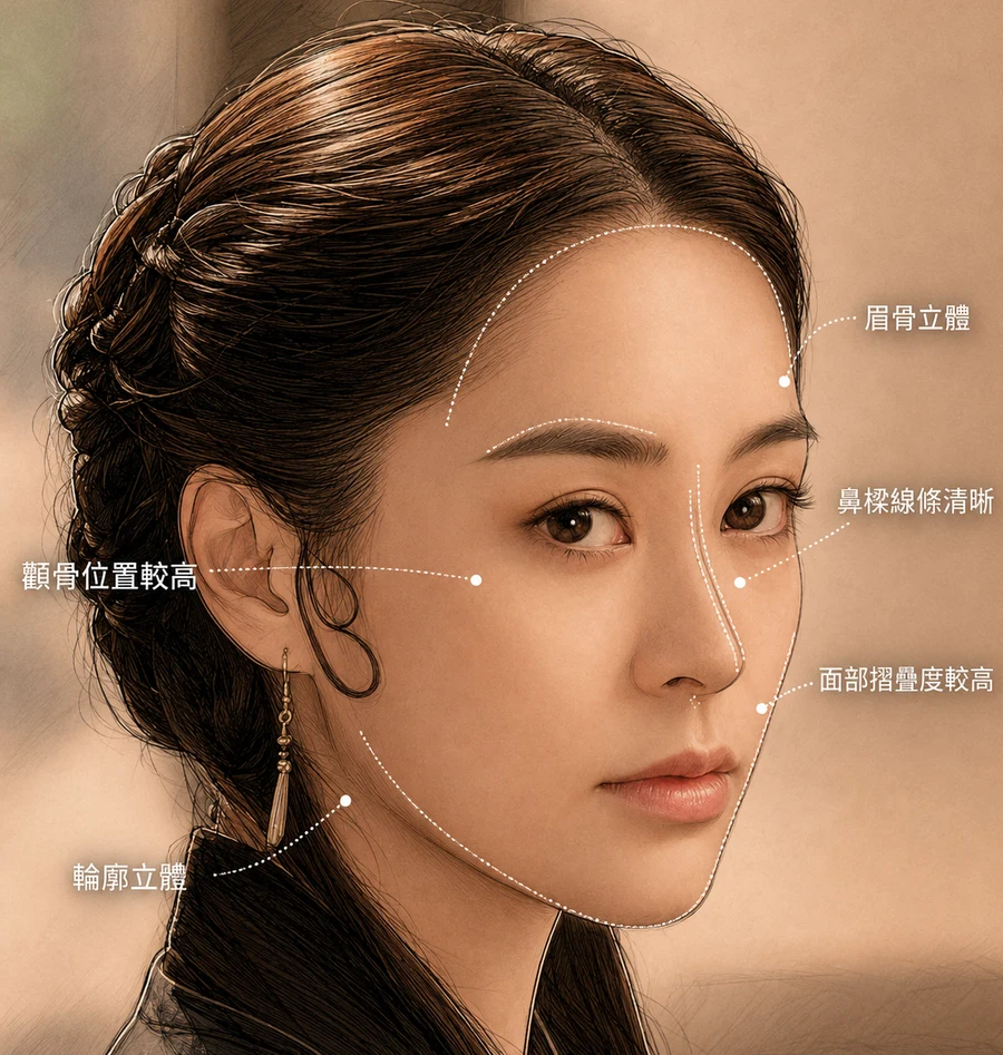 骨相面型分析 — 顴骨位置較高、眉骨立體、鼻樑線條清晰、輪廓立體