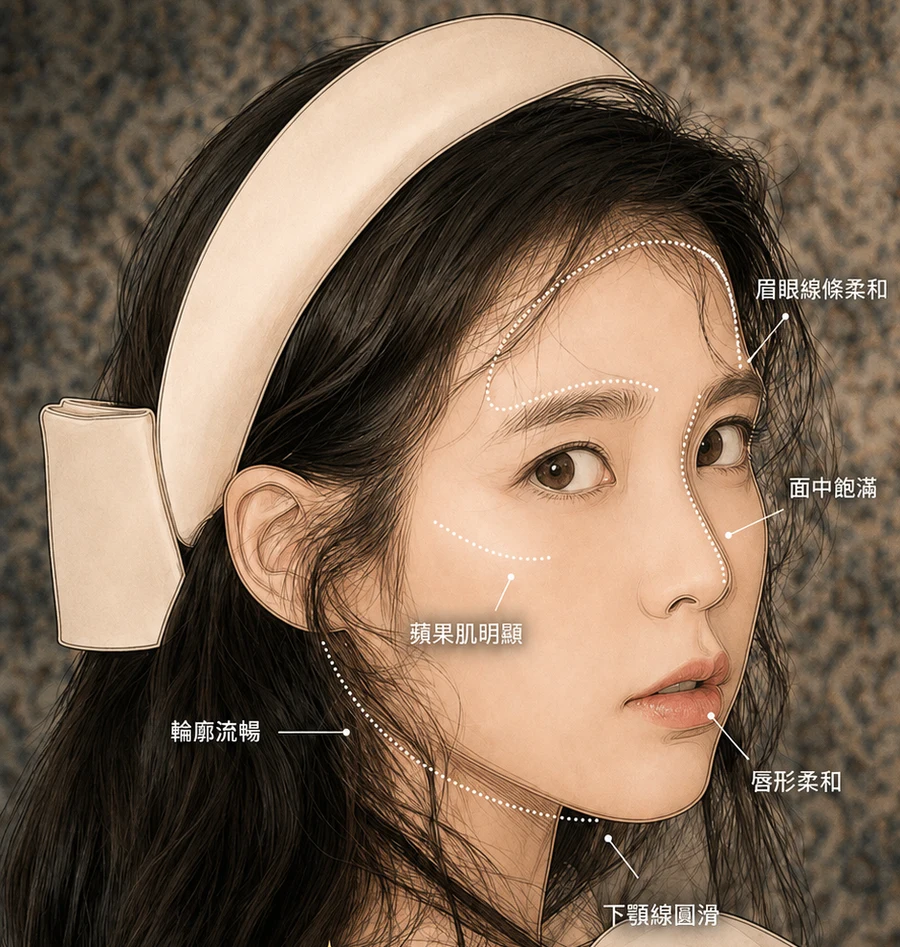 肉感面型分析 — 眉眼線條柔和、蘋果肌明顯、輪廓流暢、下顎線圓滑